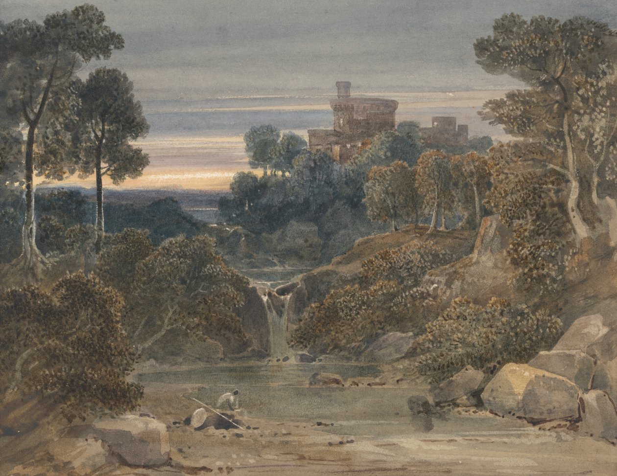 Landscape with Castle, Waterfall and Stream in Foreground by Francis Oliver Finch
