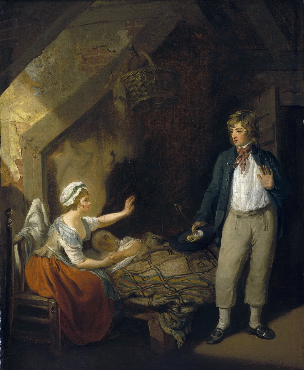 Die Rückkehr des Seemanns, Innenansicht des Häuschens: Schlafzimmer, mit der Frau und Mutter im Bett liegend, das einzige Möbelstück im Raum, mit nackten Ziegelwänden von Francis Wheatley