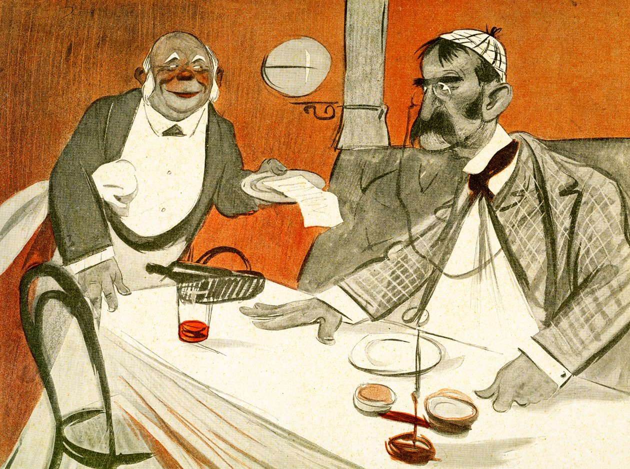 Theophile Delcasse disputing the bill in a French restaurant, 1903 by Francisco Sancha y Lengo