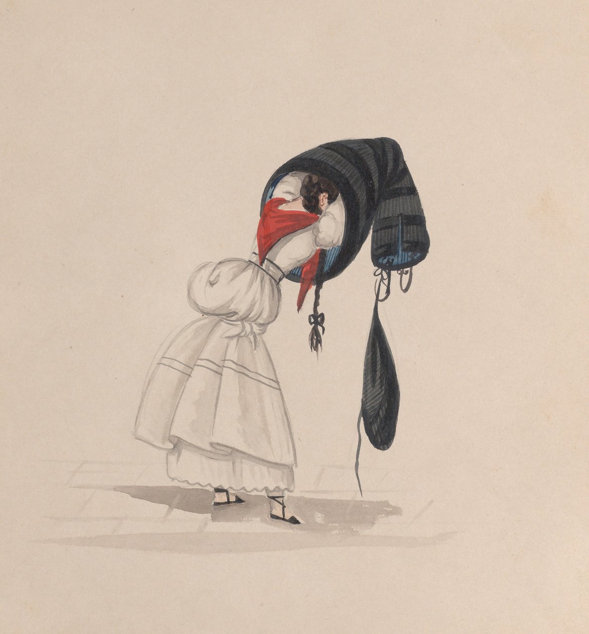 A woman putting on her saya, viewed from behind by Francisco