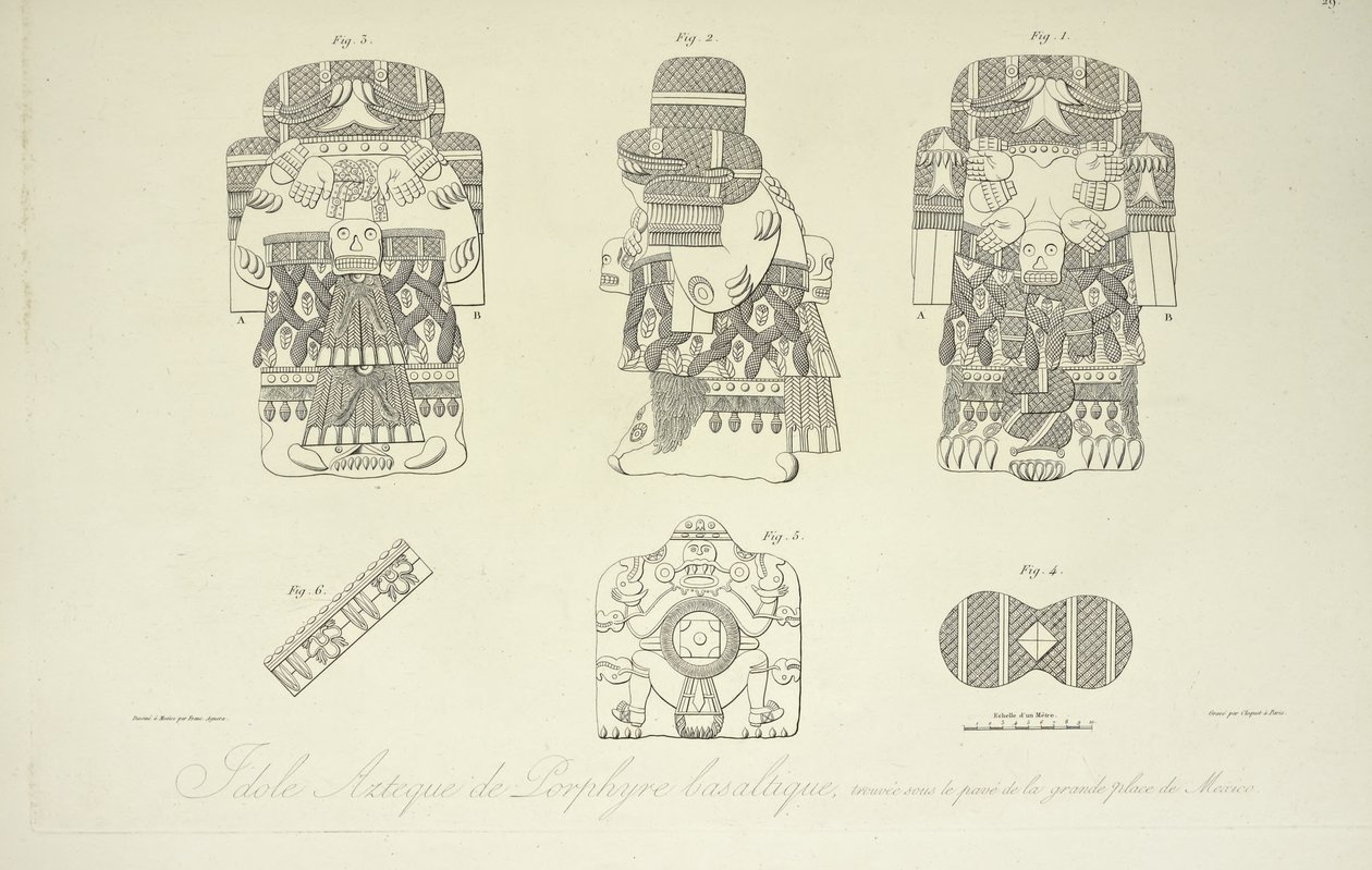Aztec Idol of Basaltic Porphyry, Found Beneath the Grand Plaza of Mexico City, Engraved by Cloquet, Illustration from 