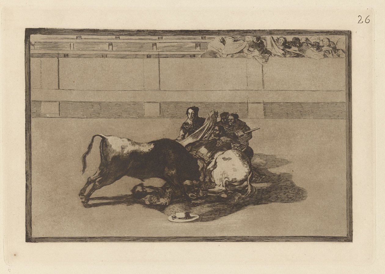 A Picador is Unhorsed and Falls Under the Bull, Plate 26 from La tauromaquia by Francisco de Goya