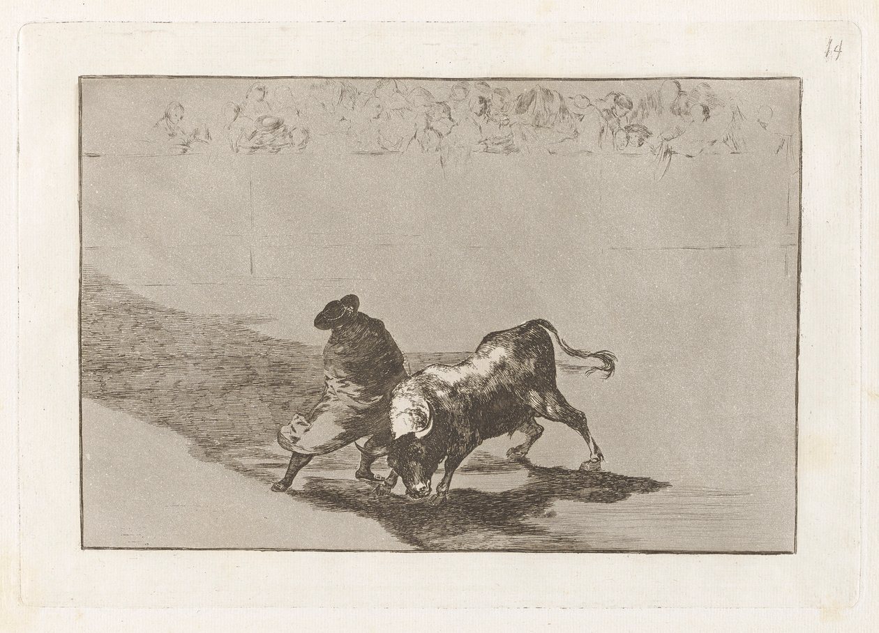The Very Skillful Student of Falces, Wrapped in his Cape, Tricks the Bull with the Play of his Body, Plate 14 from La tauromaquia by Francisco de Goya
