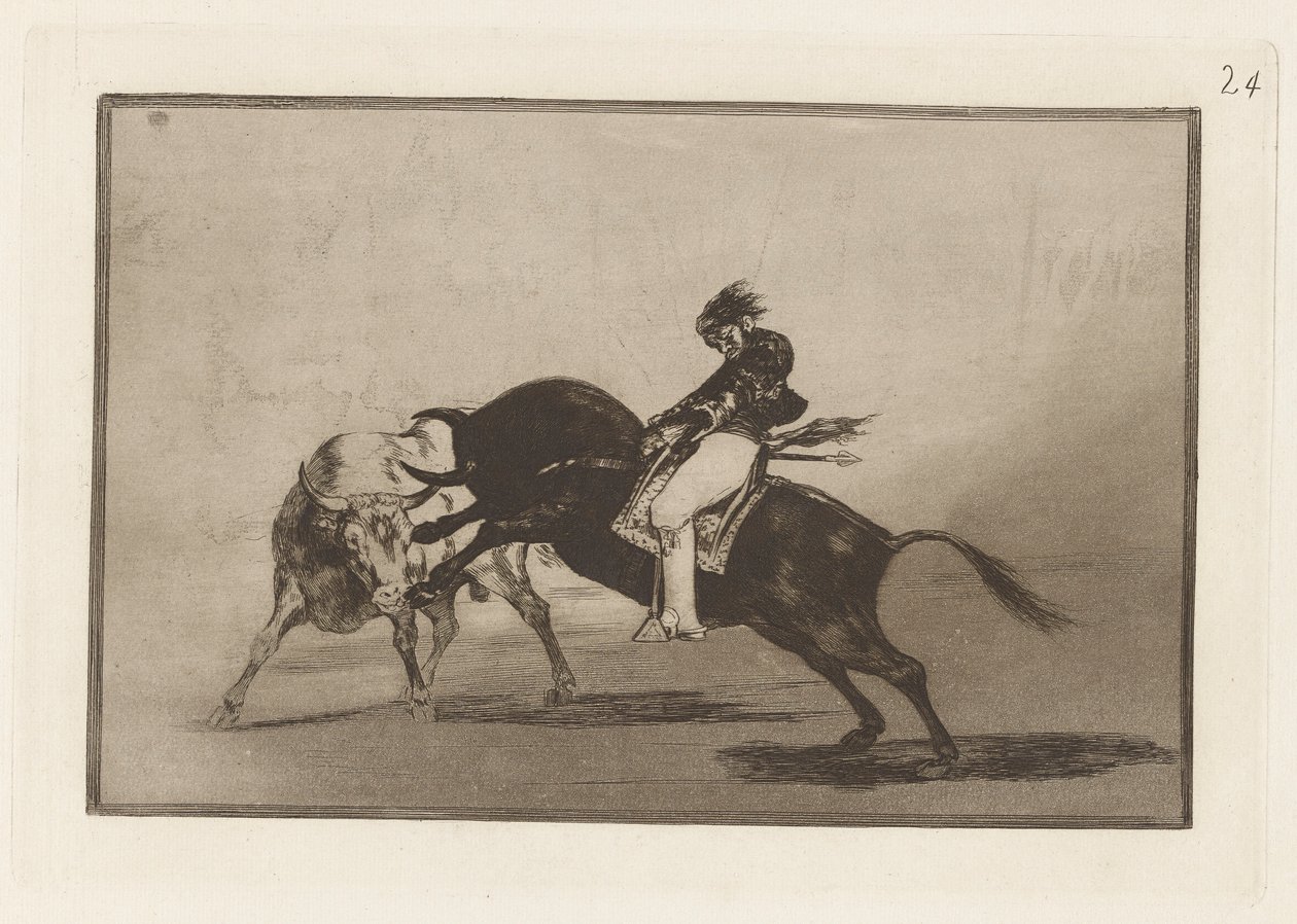 The Same Ceballos Mounted on Another Bull Breaks Short Spears in the Ring at Madrid, Plate 24 from La Tauromaquia by Francisco de Goya