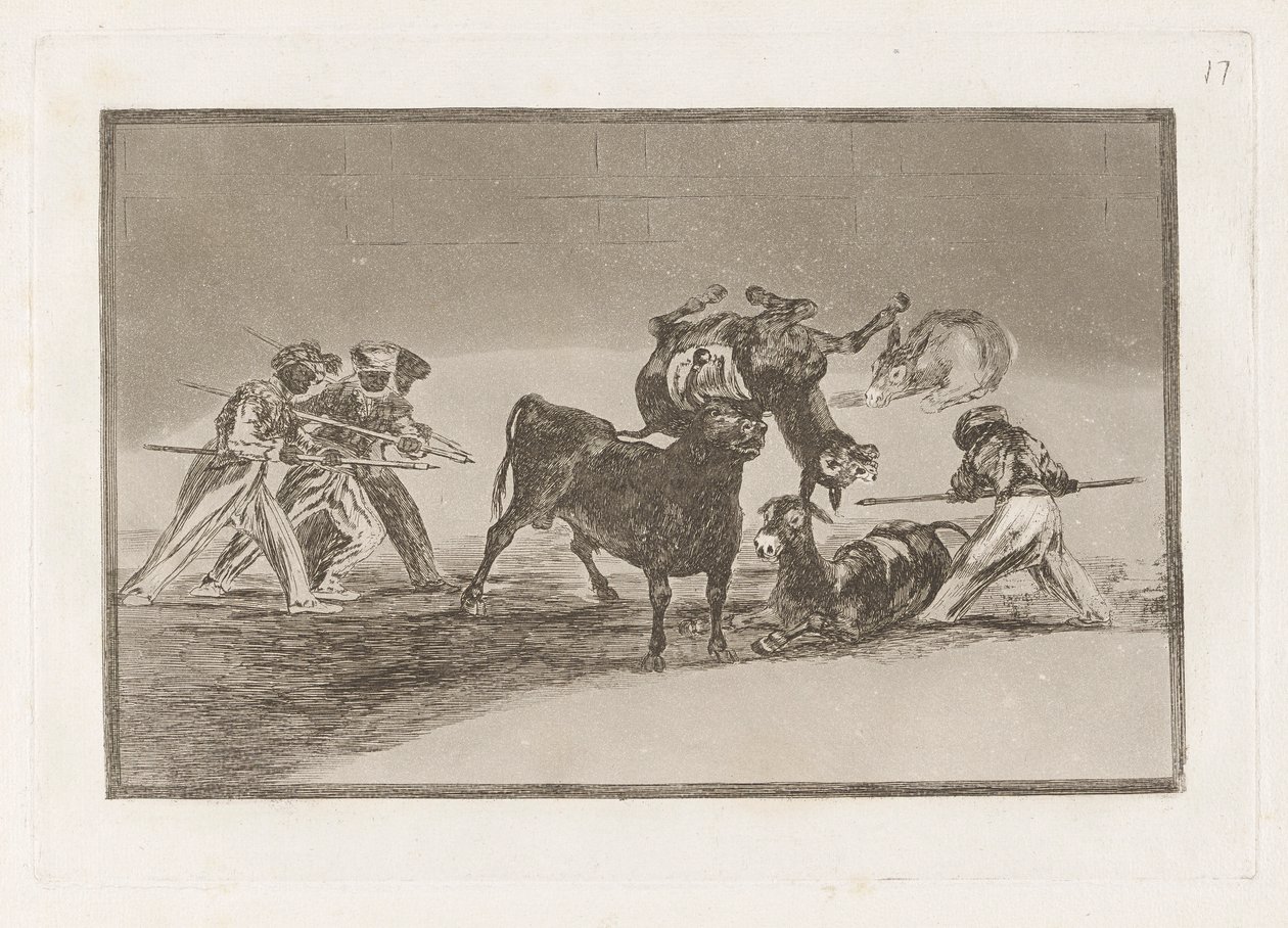 The Moors Use Donkeys as a Barrier to Defend Themselves Against the Bull Whose Horns Have Been Tipped with Balls, Plate 17 from La tauromaquia by Francisco de Goya
