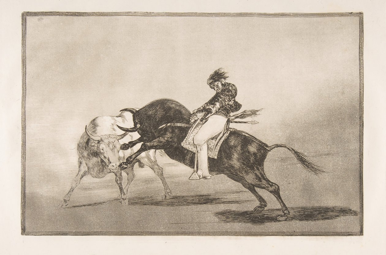 Plate 24 of the Tauromaquia: The same Ceballos mounted on another bull breaks short spear, 1816 by Francisco de Goya