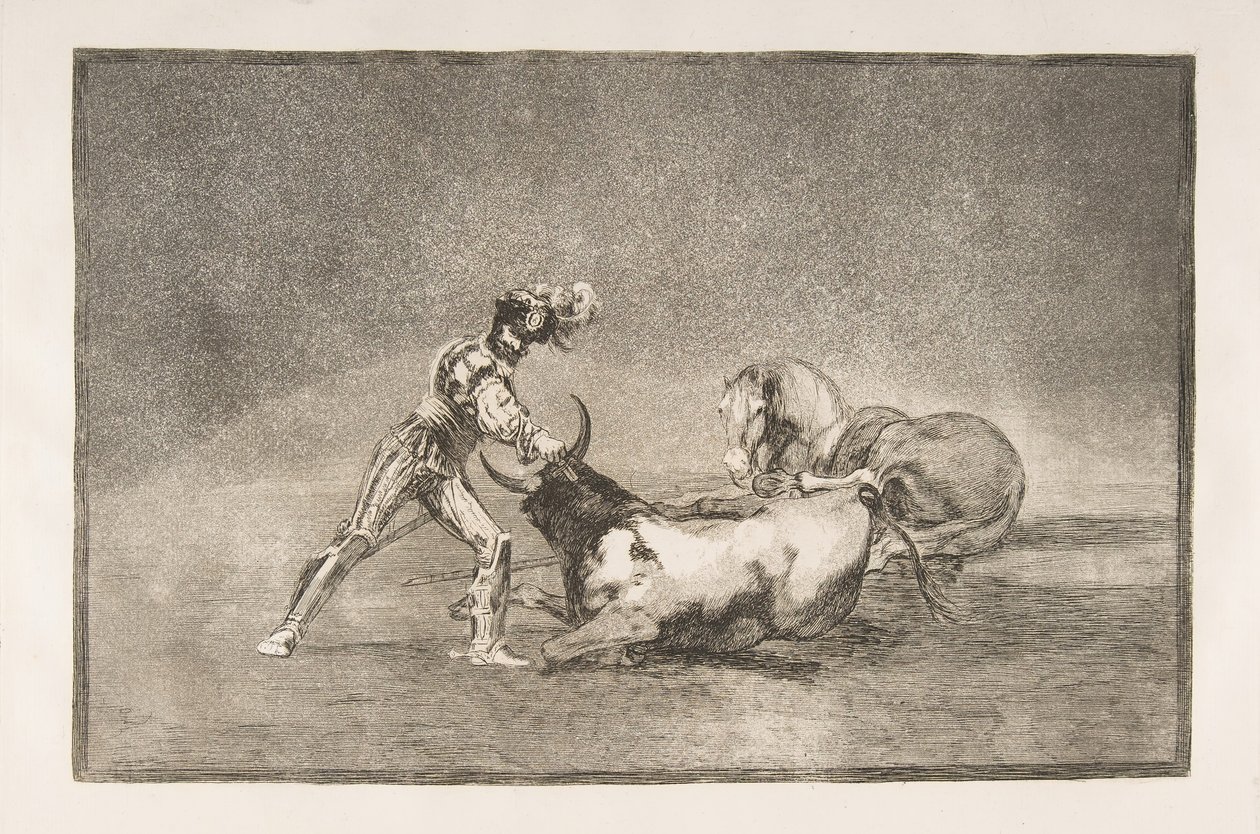 Plate 9 of the Tauromaquia: A Spanish knight kills the bull after having lost his horse, 1816 by Francisco de Goya