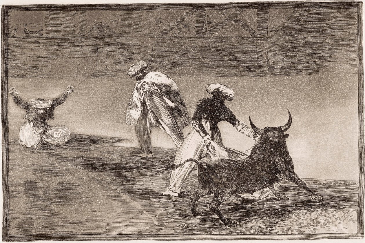 Bullfighting: The Moors play the cape with another bull in an enclosure by Francisco de Goya