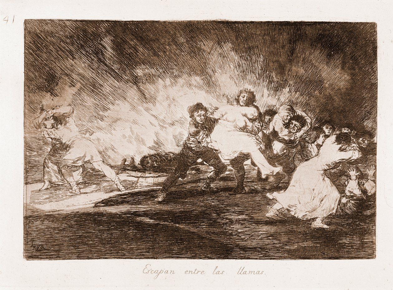 The Disasters of War: They Escape Through the Flames (etching from drawing) by Francisco de Goya