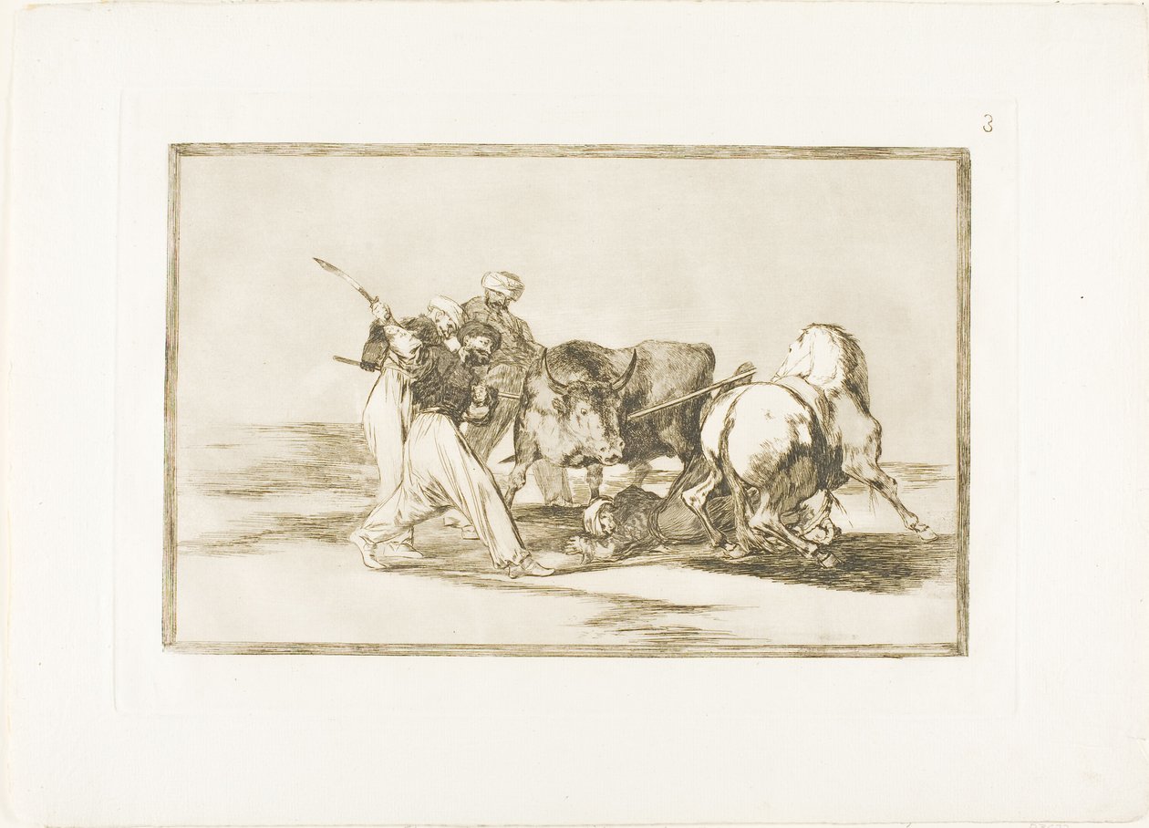 The Moors had settled in Spain, giving up the superstitions of the Koran, adopted this art of hunting, and spear a bull in the open, plate three from The Art of Bullfighting by Francisco Jose de Goya y Lucientes