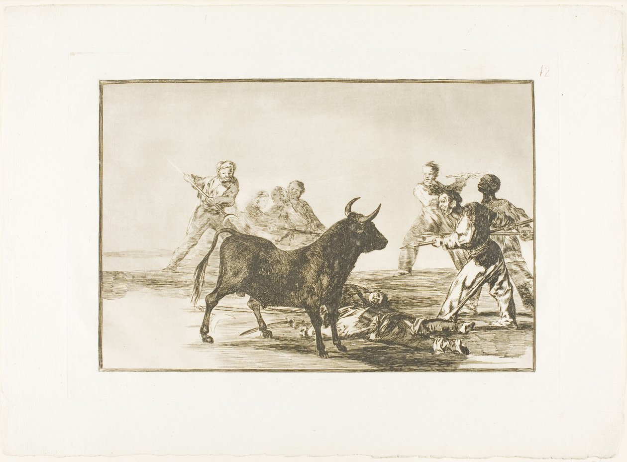 The rabble hamstring the bull with lances, sickles, banderillas and other arms, plate twelve from The Art of Bullfighting by Francisco Jose de Goya y Lucientes