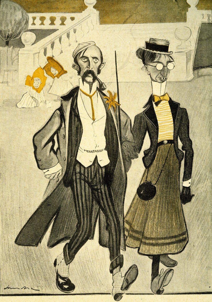 An English couple in France being mocked for their strange fashion sense, 1903 by Francisco Sancha y Lengo