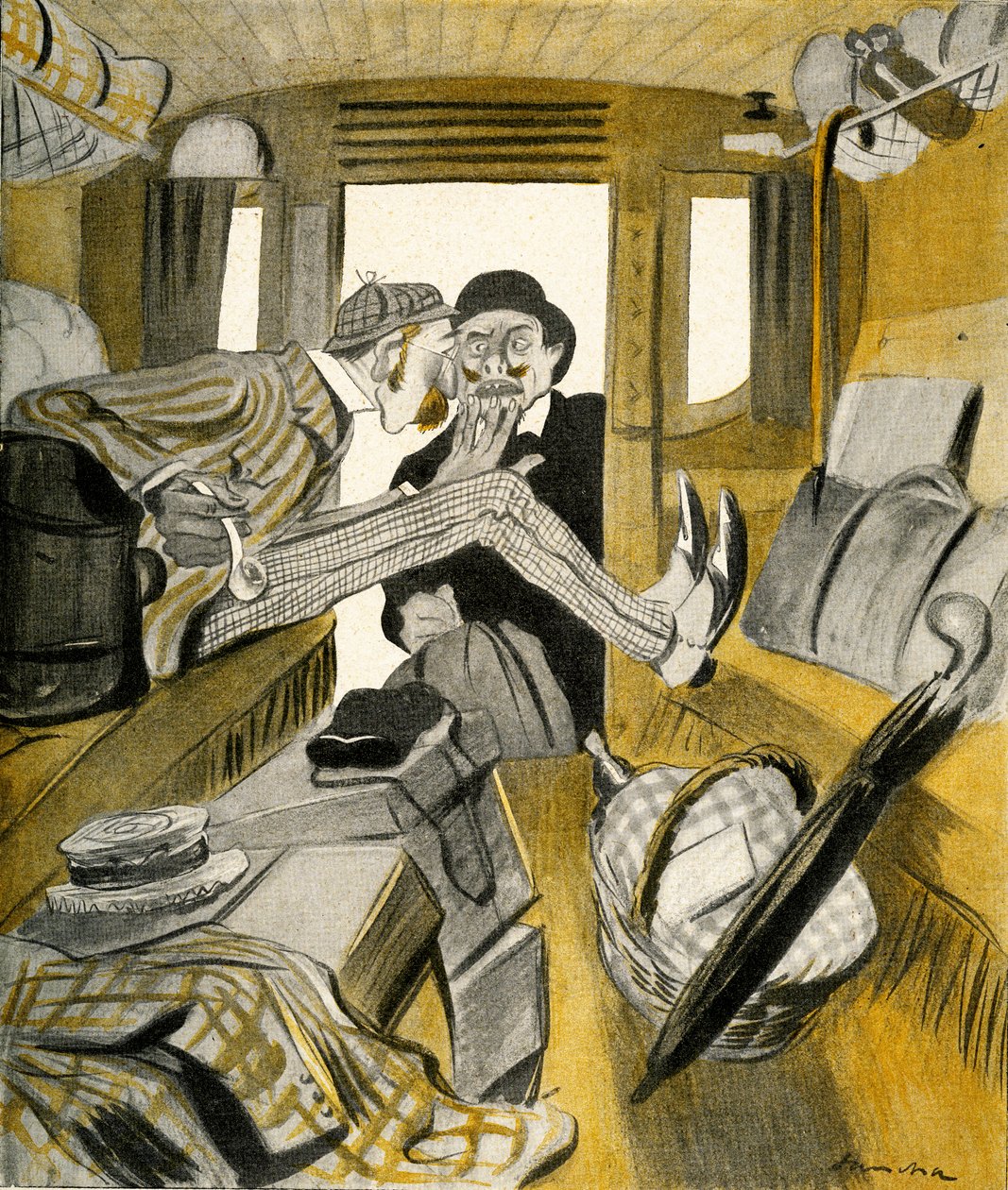 An Englishman stops a Frenchman from sitting in the free seat on the train, 1903 by Francisco Sancha y Lengo