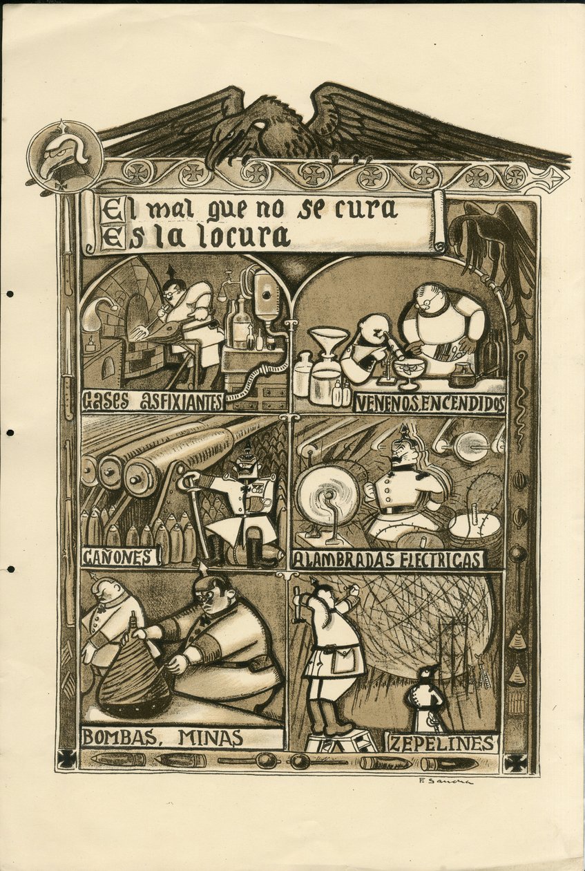 Illustration by Francisco Sancha Lengo - Flying leaf, circa 1915 - El mal que no se cura es la locura - War of 14-18, Germany Prussia, Asphixiant gas, Spanish language, Foreign press by Francisco Sancha y Lengo