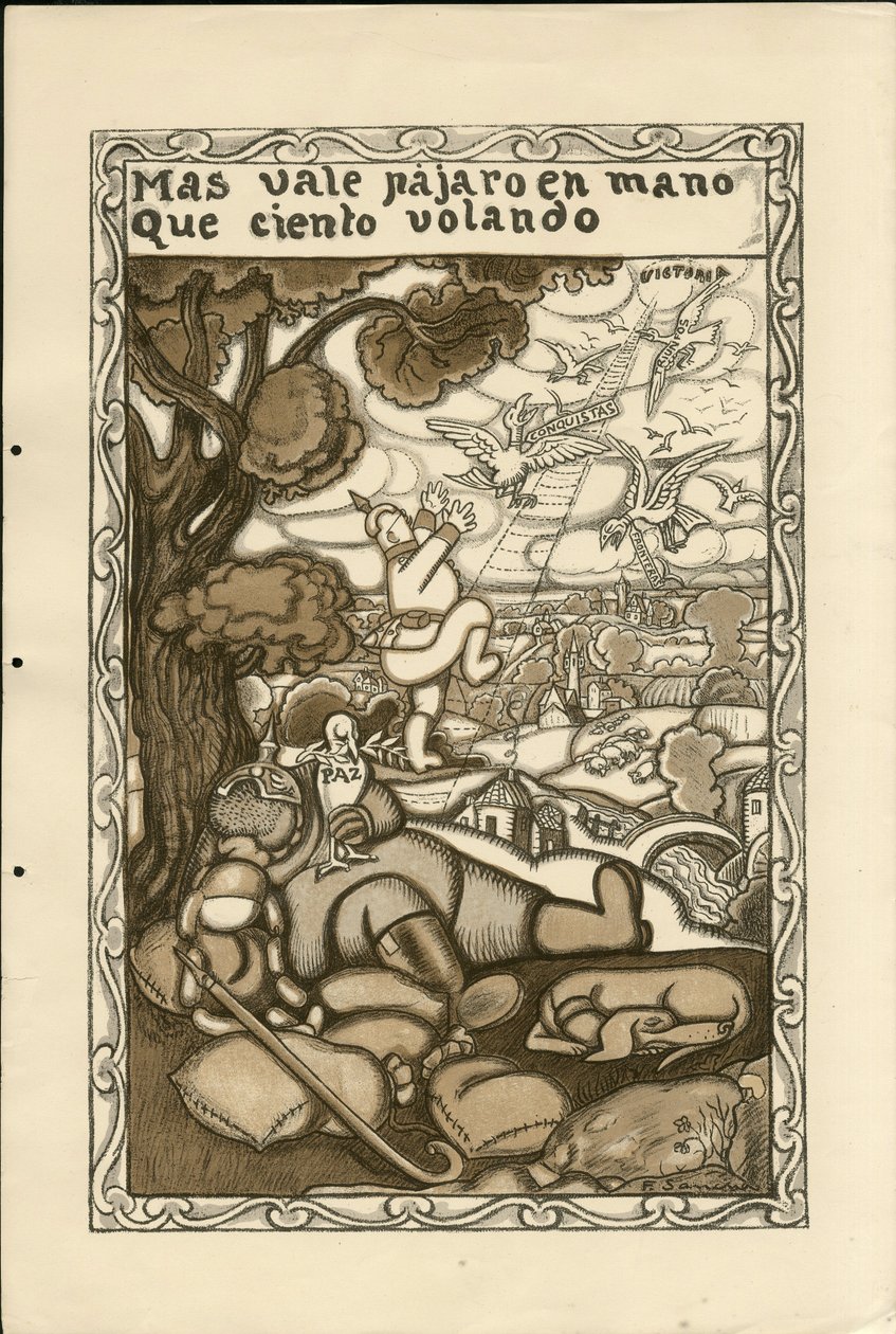 Illustration of Francisco Sancha Lengo - Flying leaf, ca. 1915 - Mas vale pajaro en mano que ciento volando - War of 14-18, Germany Prussia, Belligerents and symbols, Victory, Peace, Spanish language, Foreign press by Francisco Sancha y Lengo