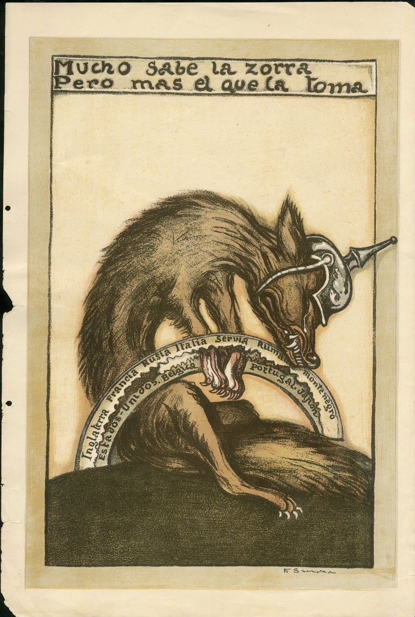 Illustration - Flying leaf, ca. 1915 - Mucho sabe la zorra pero mal el que la toma - War of 14-18, Germany Prussia, Belligerents and Symbols, Allies, Spanish Language, Foreign Press - Fox, Obstruction, Animation by Francisco Sancha y Lengo