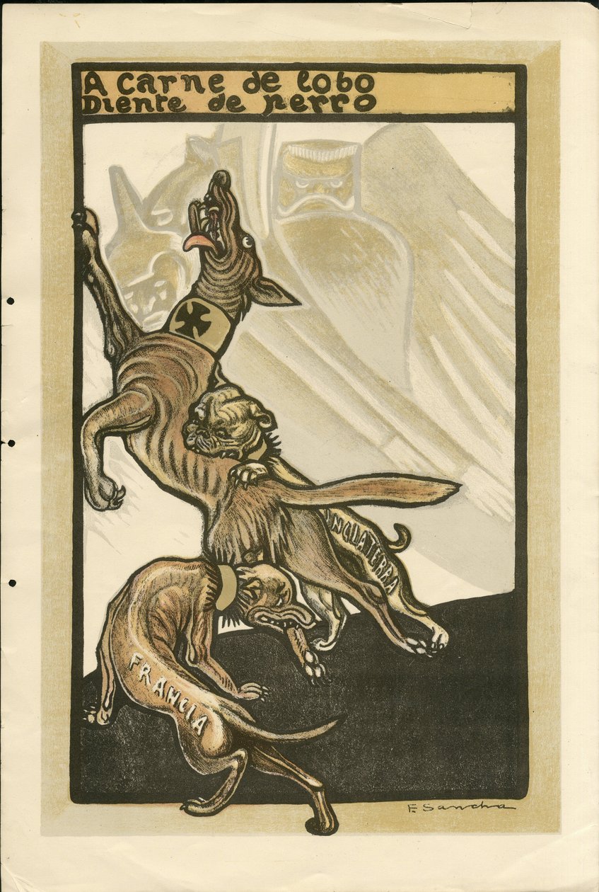 Illustration of Francisco Sancha Lengo - Flying leaf, circa 1915 - A carne de lobo diente de perro - War of 14-18, Germany Prussia, England Great Britain, Belligerents and symbols, France, Spanish Language, Foreign Press - William II, Dog, Hid by Francisco Sancha y Lengo