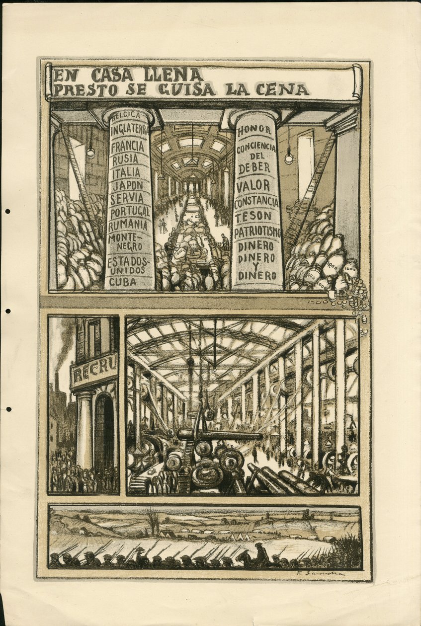 Illustration - Flying leaf, circa 1915 - En casa llena presto se guisa la cena - War of 14-18, Cannons, shells, Industrial Factories, Spanish language, Mobilization, Foreign press by Francisco Sancha y Lengo