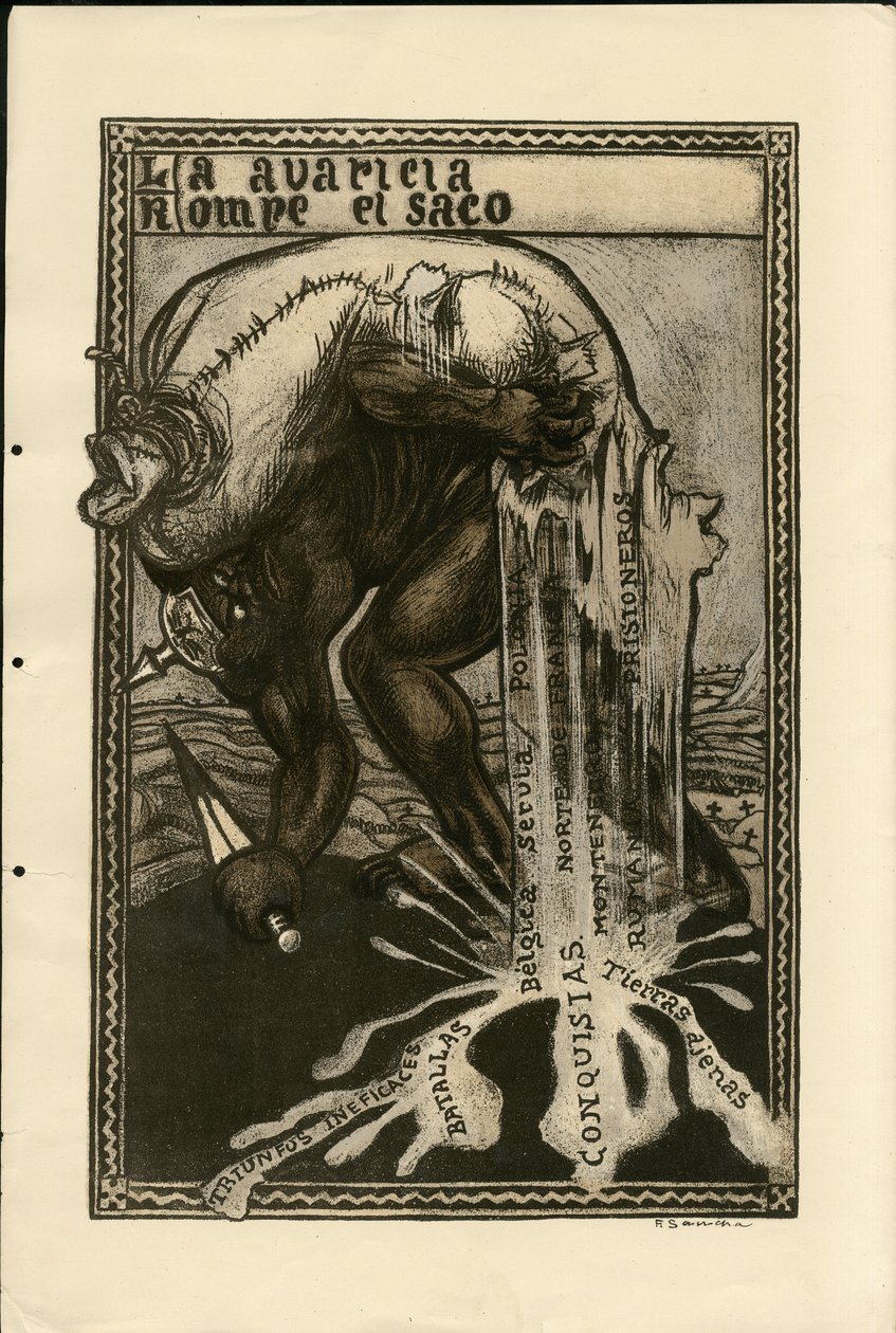 Illustration of Francisco Sancha Lengo - Flying leaf, circa 1915 - War of 14-18, Germany Prussia, Silver, Belligerants and symbols, Spanish language, Foreign press by Francisco Sancha y Lengo