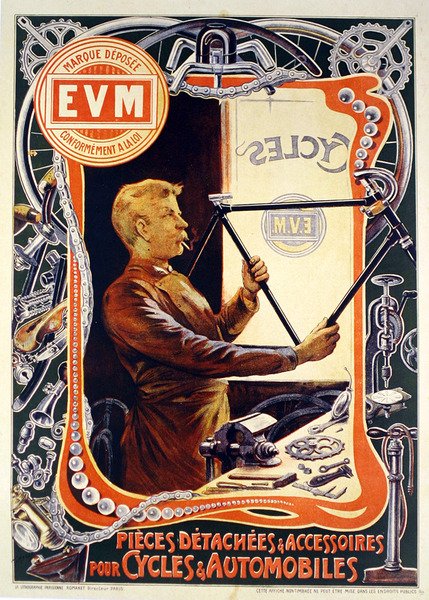 Poster advertising E.V.M. bicycle accessories by Francisco Tamagno