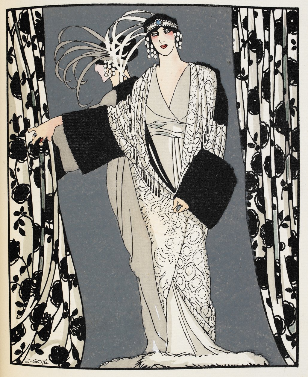 Blanc et noir. A woman wearing a costume designed in 1855 by John Redfern, illustration from 