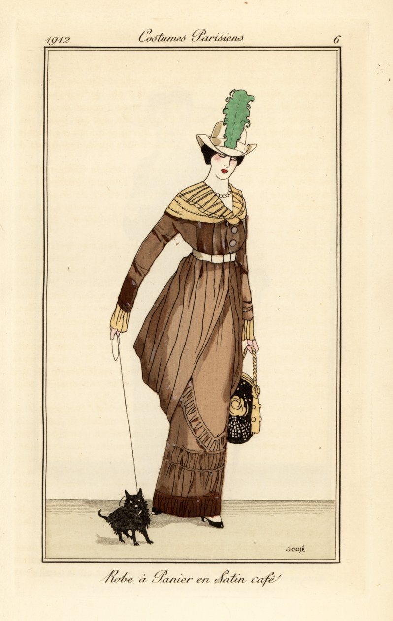 Woman in Panier Dress in Coffee-Coloured Satin with Pet Dog by Francesc Xavier Gosé