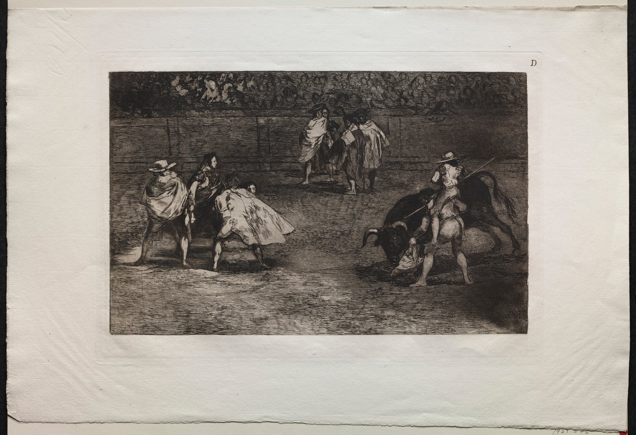 Bullfights: A Bullfighter Mounted on the Shoulders of an Assistant, Spearing a Bull, 1876 by Francisco de Goya