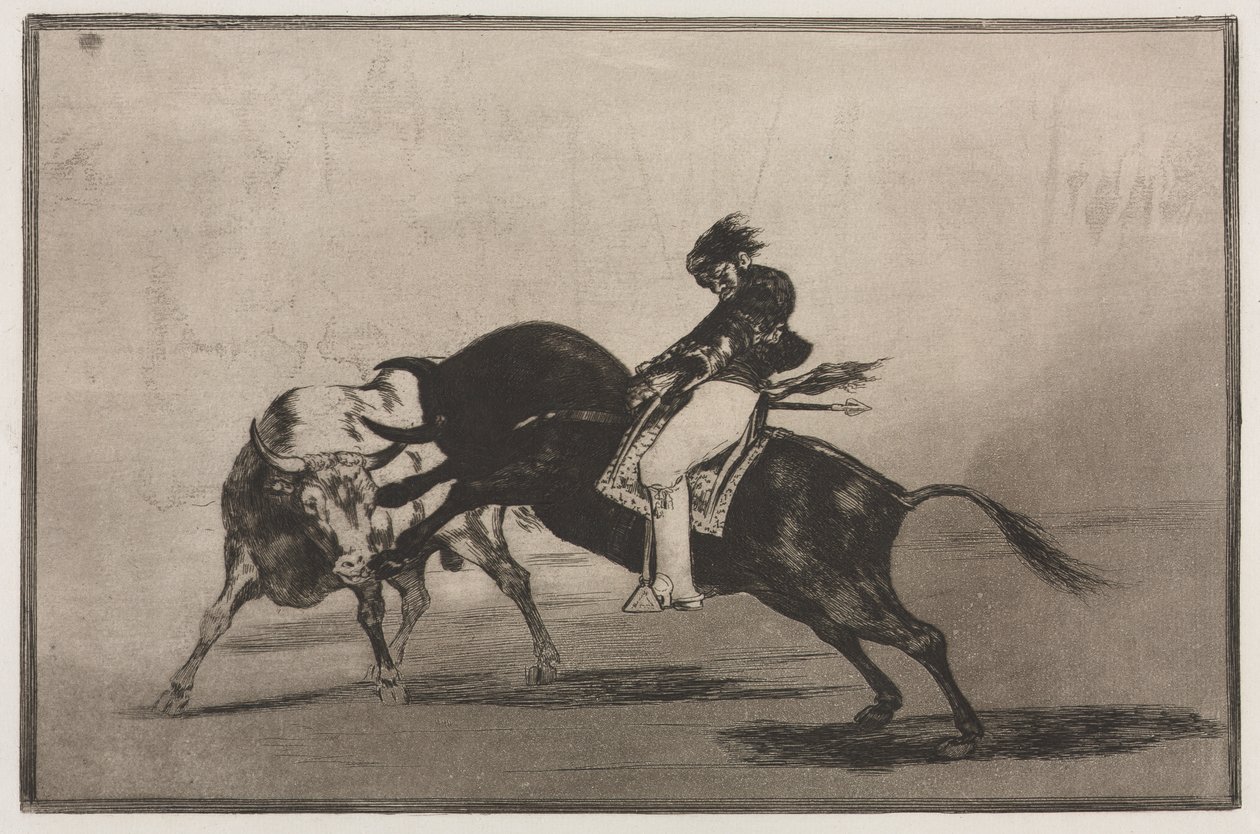 Bullfights: The Same Ceballos Mounted on Another Bull Breaks Short Spears in the Ring at Madrid by Francisco de Goya
