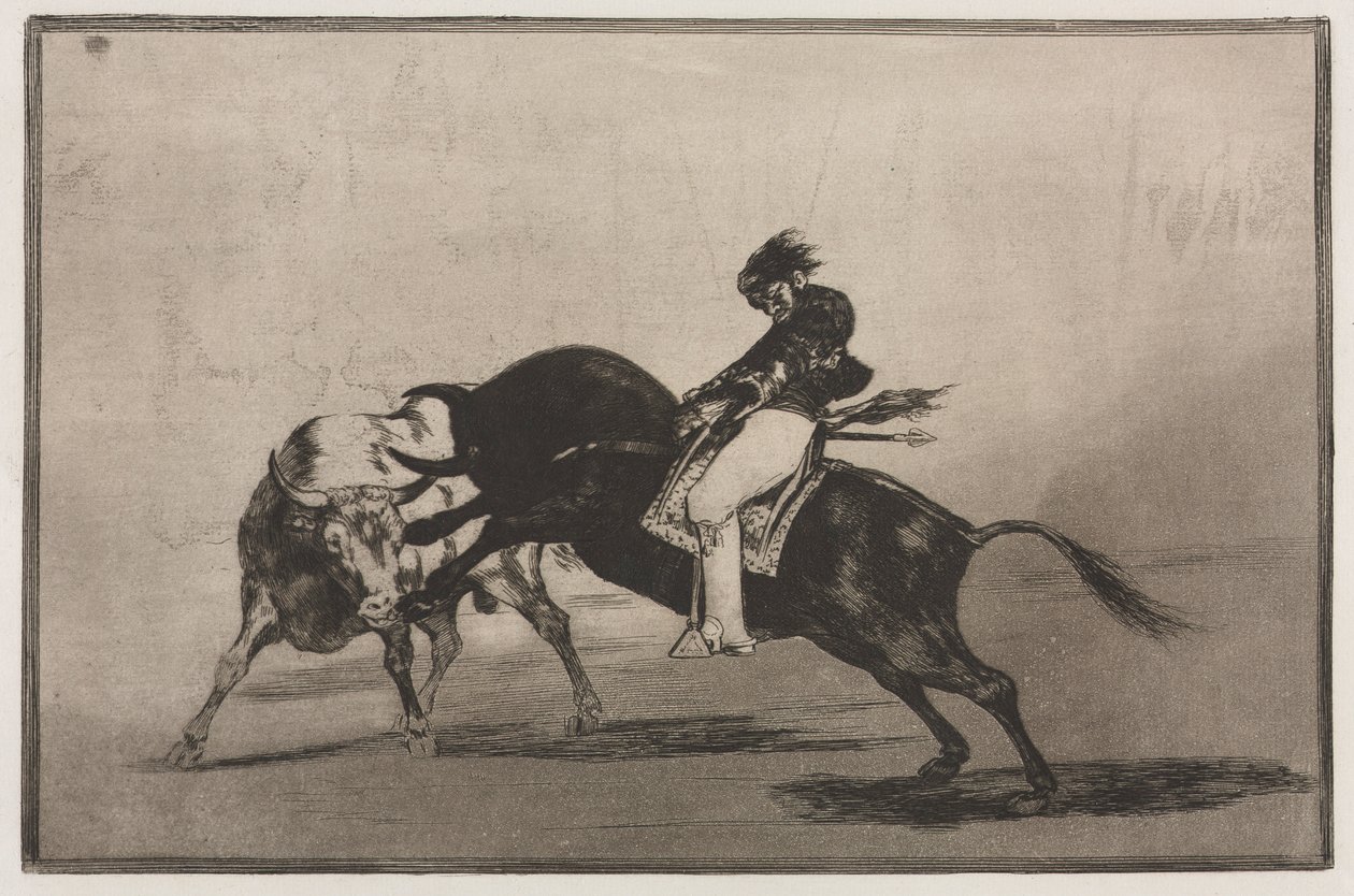Bullfights: The Same Ceballos Mounted on Another Bull Breaks Short Spears in the Ring, 1876 by Francisco de Goya