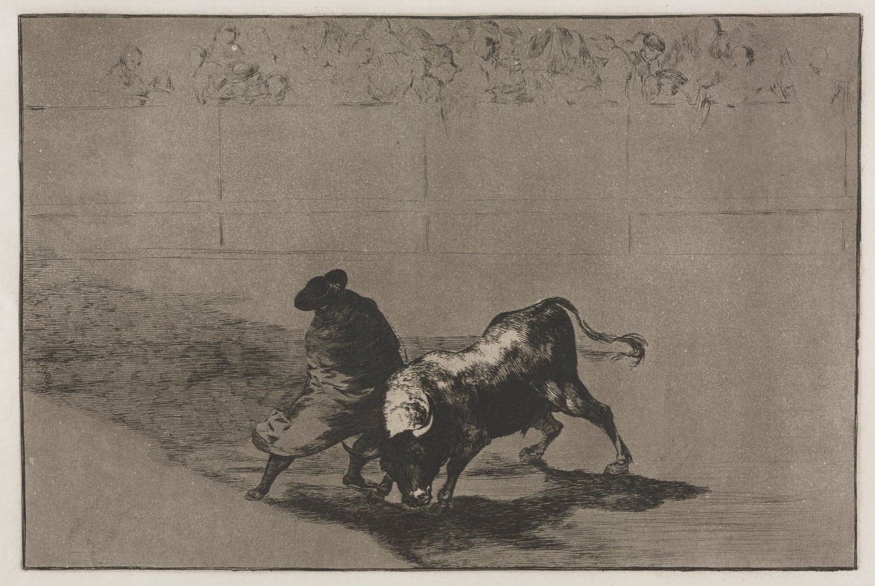Bullfights: The Very Skilful Student of Falces, Wrapped in his Cape, Tricks the Bull, 1876 by Francisco de Goya