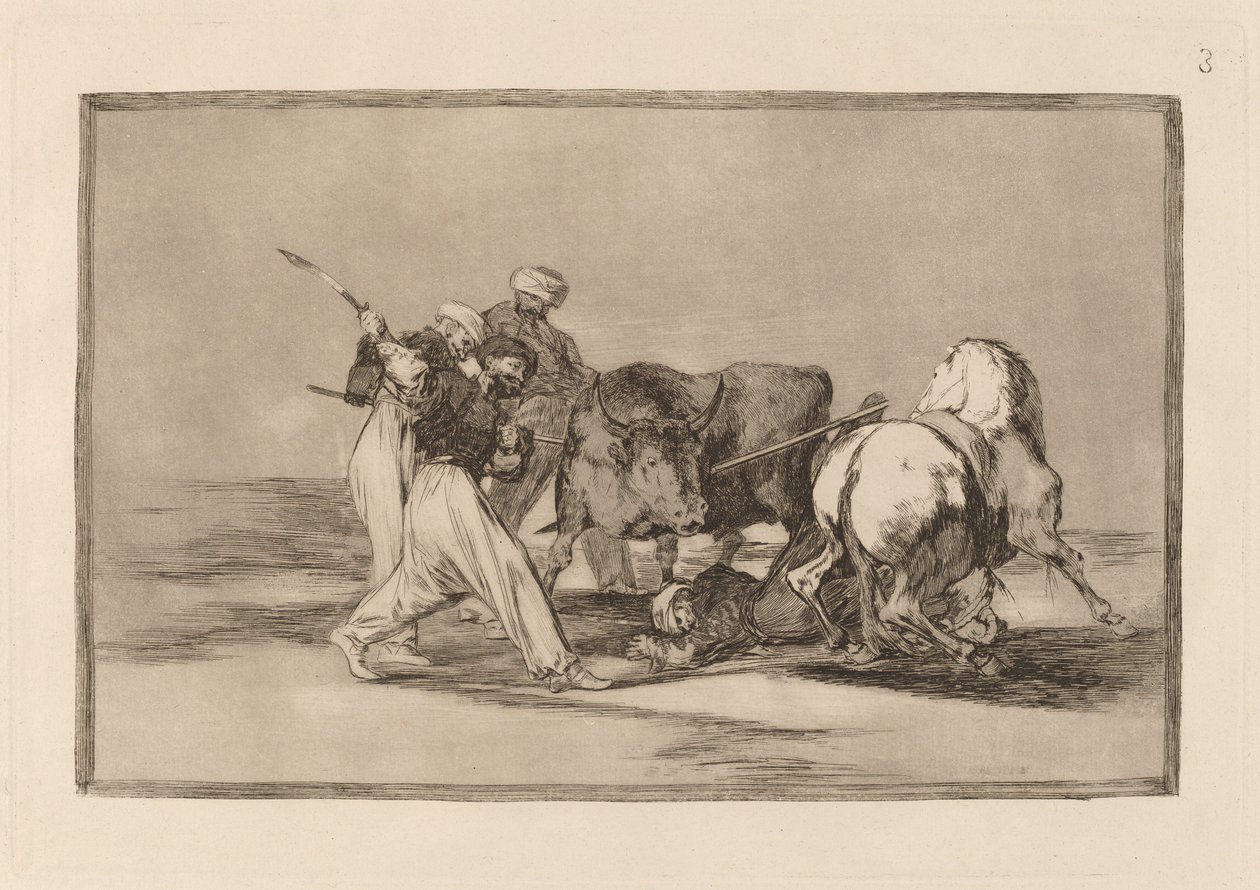 The Moors Settled in Spain, Giving up the Superstitions of the Koran, Adopted This Art of Hunting, and Spear a Bull in the Field by Francisco de Goya