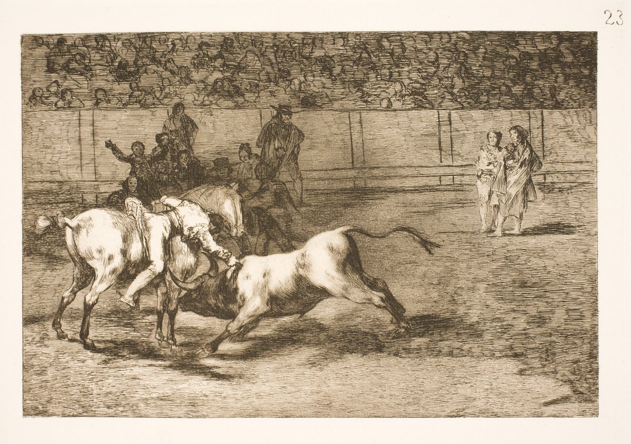 Maria Ceballas, also called the Indian, Kills the Bull from Her Horse by Francisco de Goya