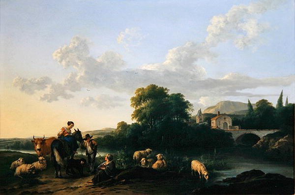Peasants and Cattle in an Italinate Landscape by Franciscus Xaverius Xaverij