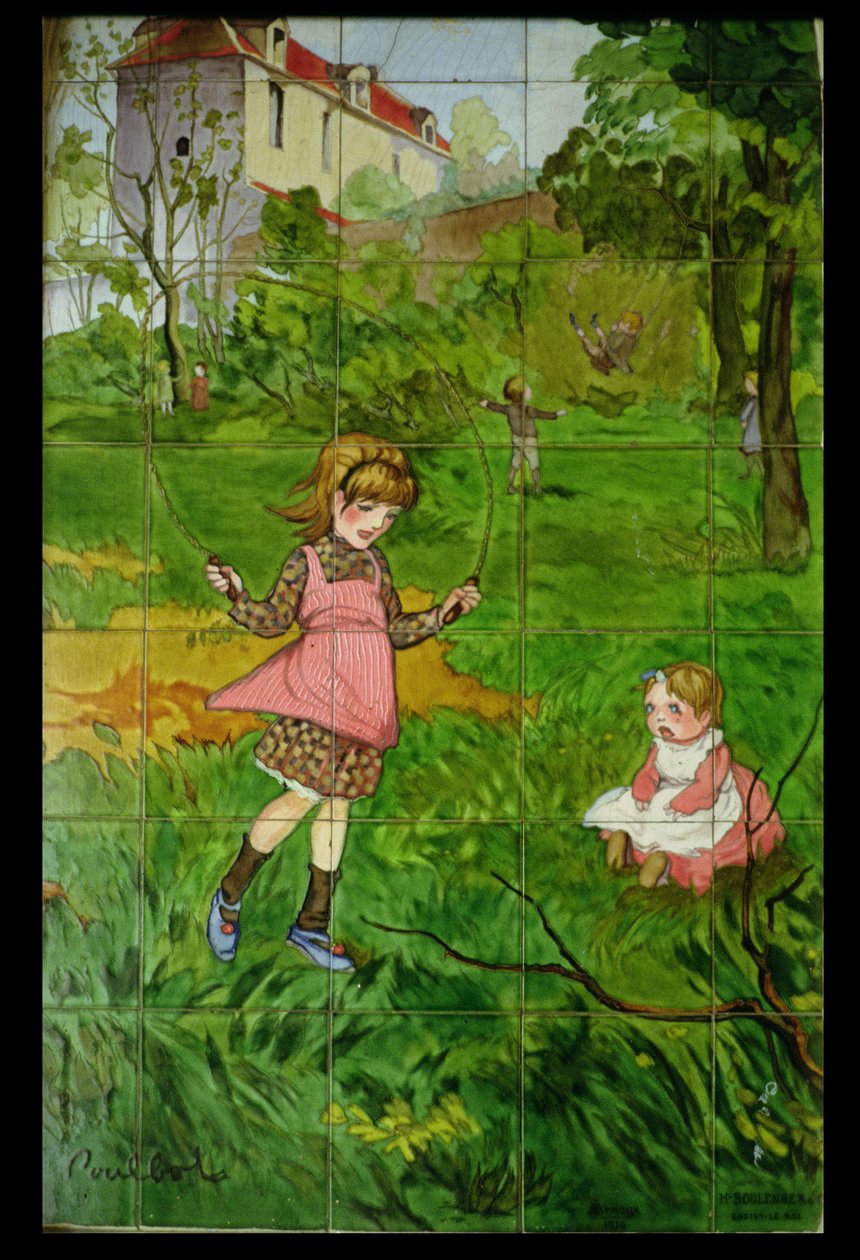 Tiles decorated with children playing in a garden by Francisque Poulbot