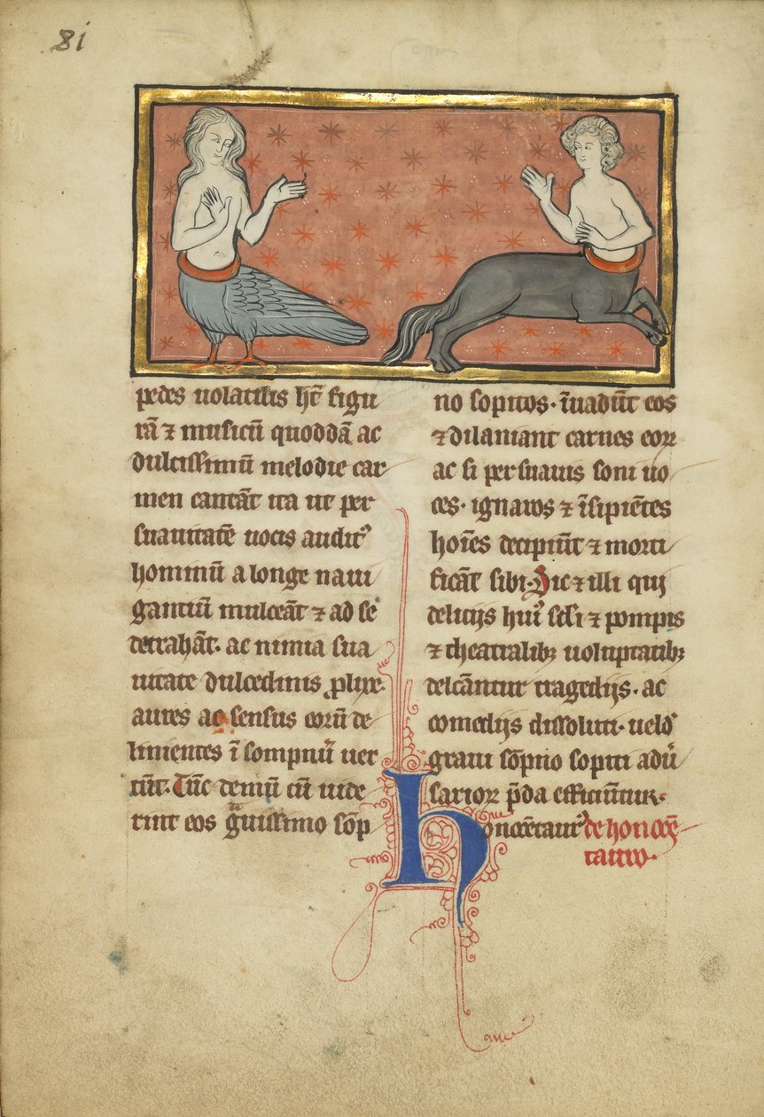 A Siren and a Centaur from a Bestiary Ms Ludwig XV 4, fol. 81v, c.1280-1300 by Franco Flemish School