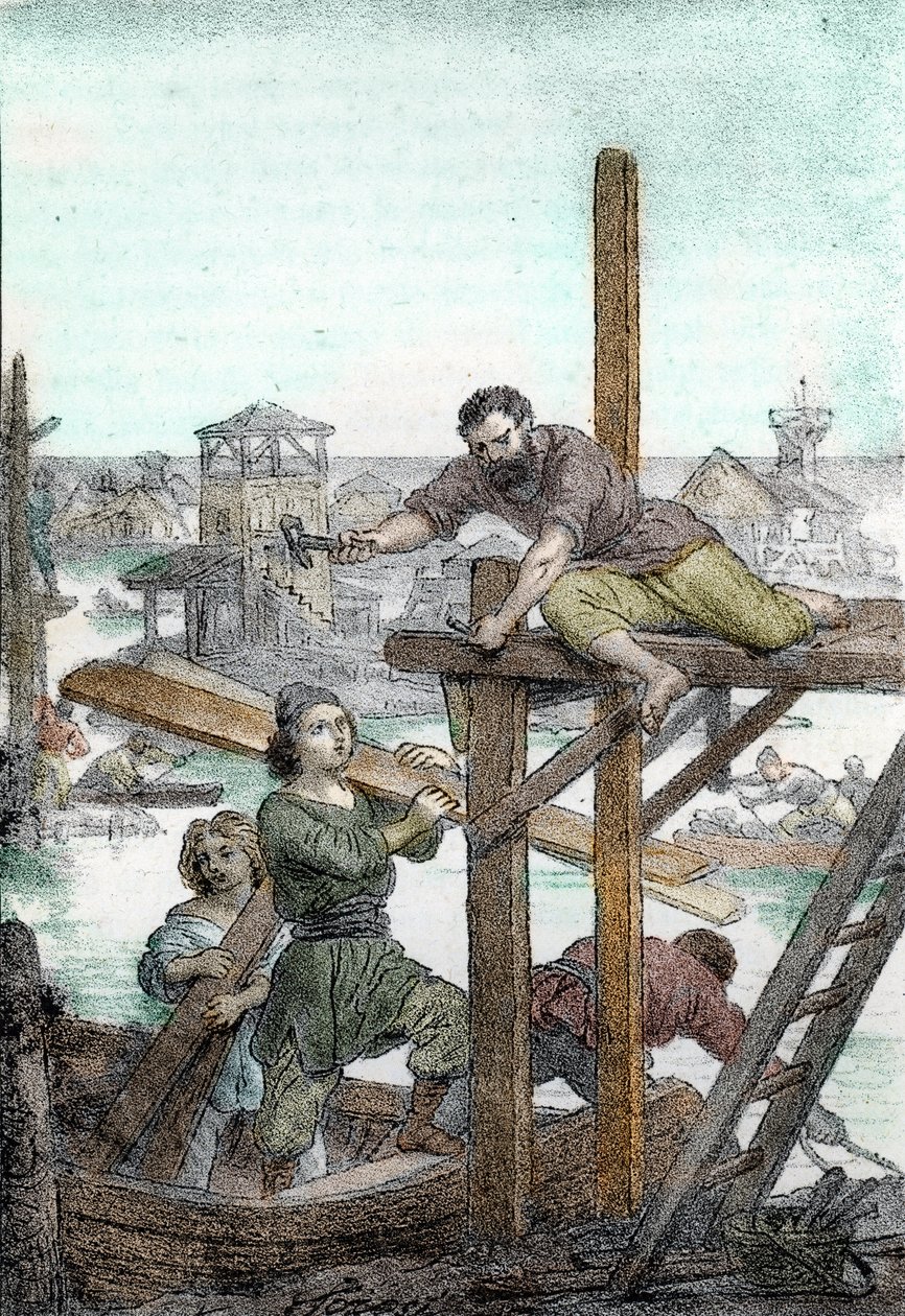 Foundation of Venice by the refugees hunted away by the barbarian of Attila, 5th century by Franco Mistrali