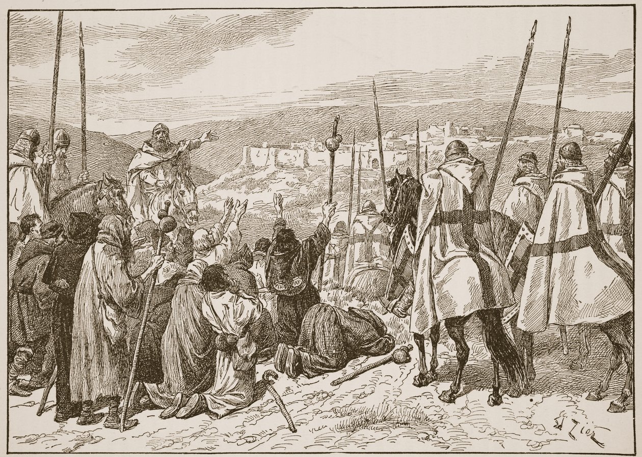 Pilgrims under escort of Knights Templars, in sight of Jerusalem, illustration from 