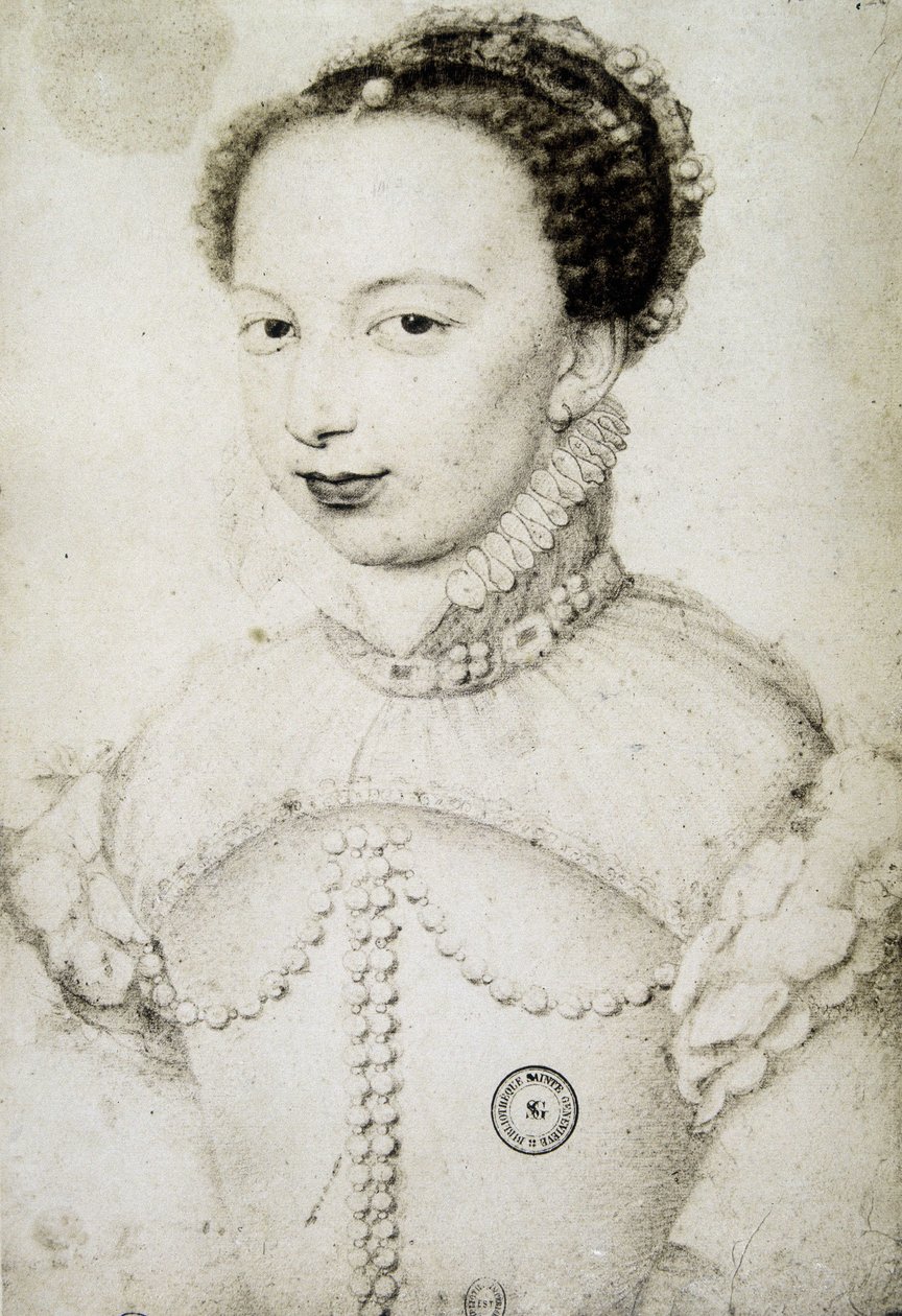 Portrait of Marguerite de Valois, known as Queen Margot (1553-1615), Queen of Navarre, first wife of Henry IV. after François Clouet by Francois (after) Clouet
