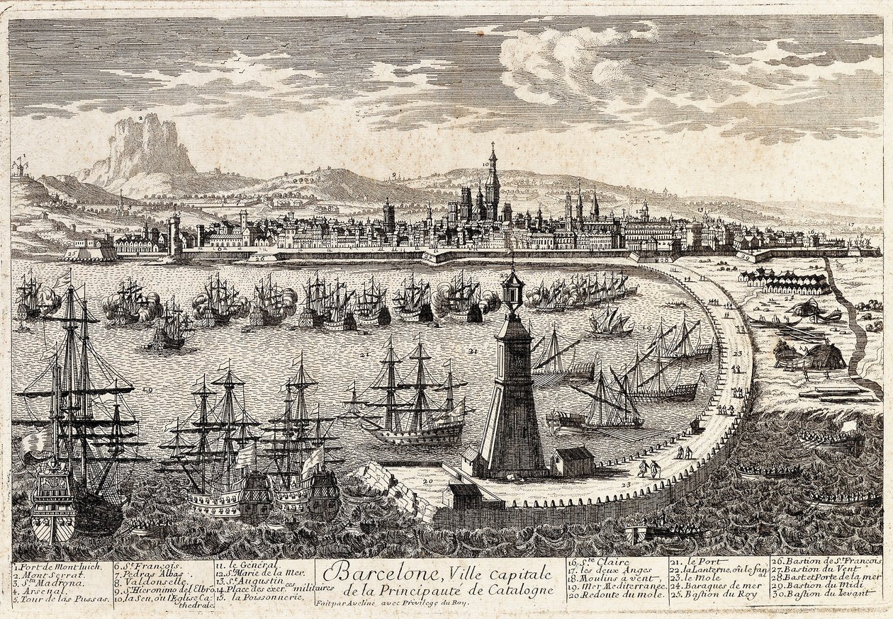 View of the city and the port of Barcelona in the 18th century. Engraving by Francois Antoine Aveline. Barcelona, Museu d