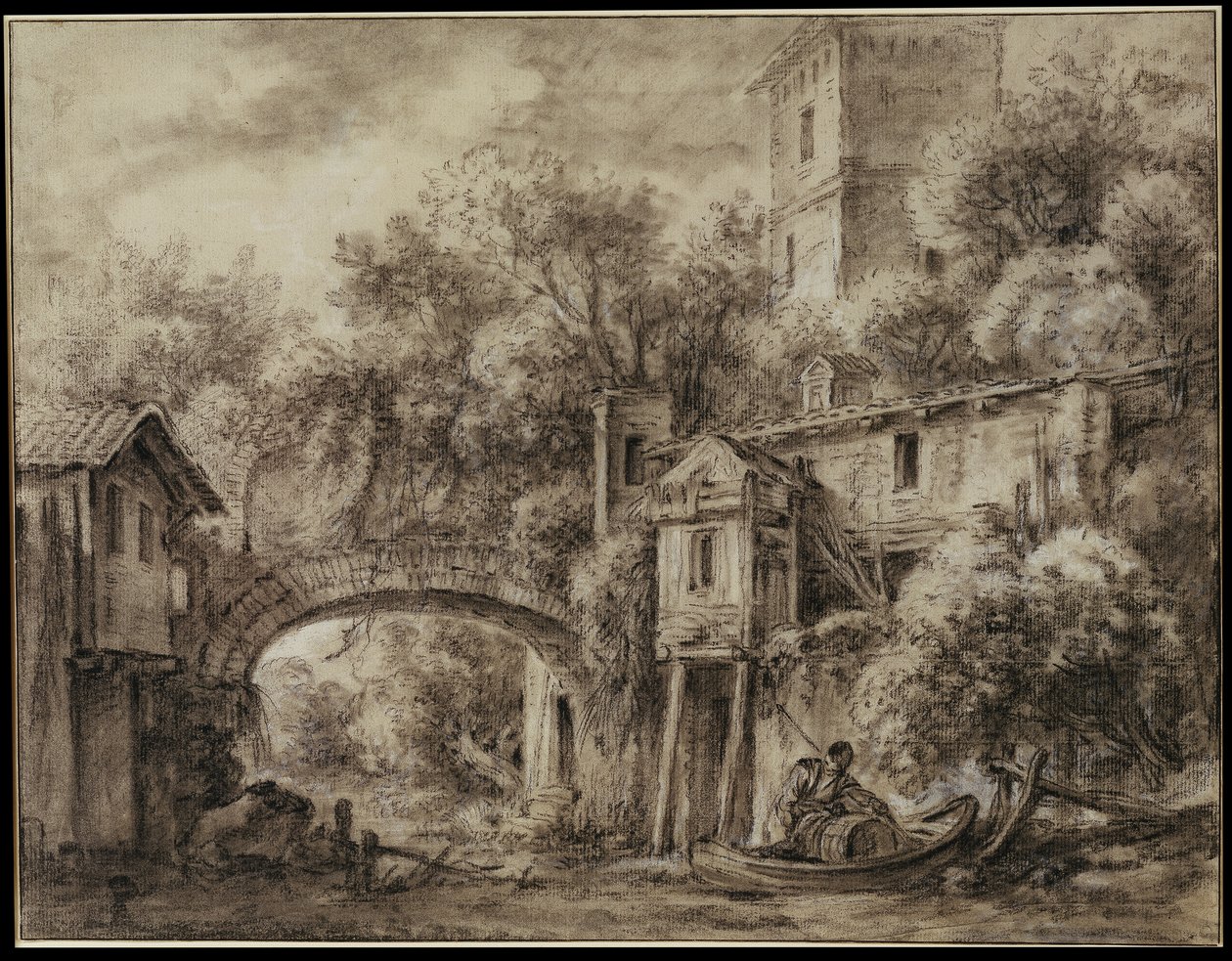 Architectural Capriccio with the Mill of Quiquengrogne near Charenton by François Boucher
