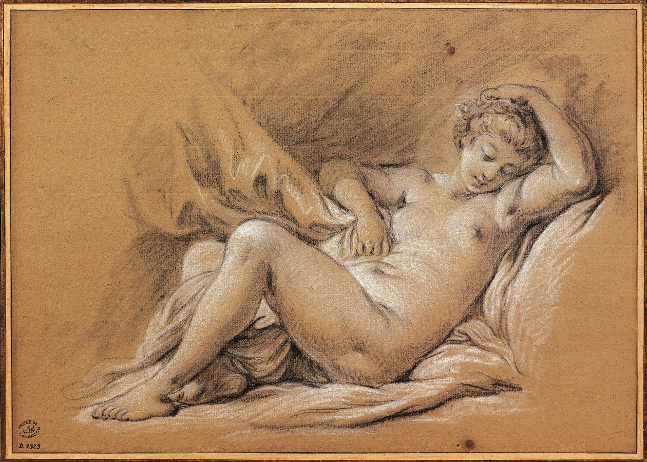 Chinoiseries, drawing of Woman Nude on a Bed by François Boucher
