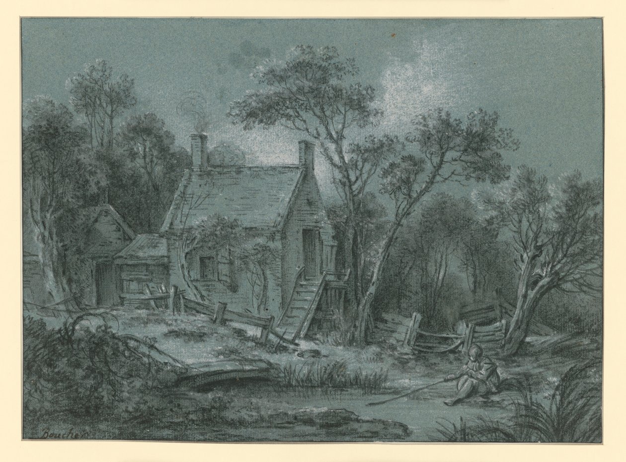 House with Stairs between Trees, with an Angler in Front by François Boucher