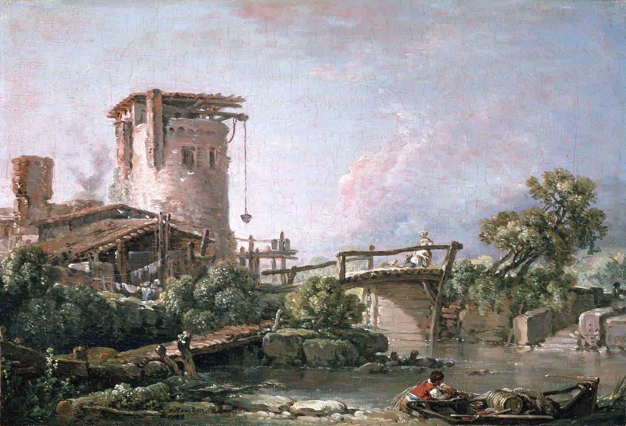 Landscape with Tower and Bridge by François Boucher