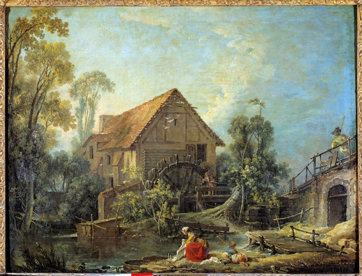 The Mill. A woman washes the laundry in the stream near a water mill. Painting by Francois Boucher, 1751 by François Boucher