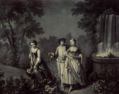 Two girls and a youth gardening near a fountain by François Boucher