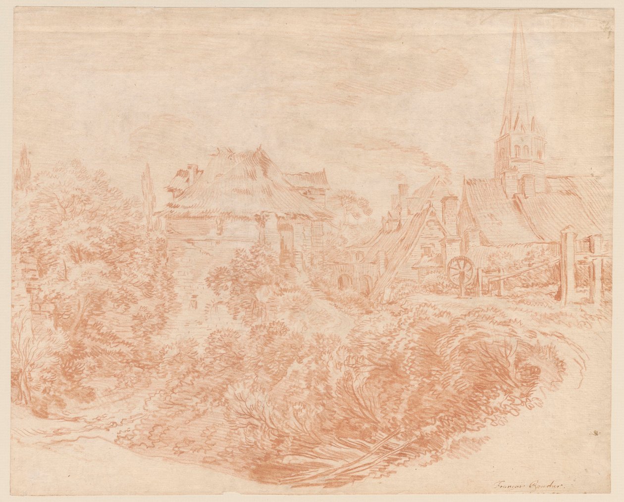 View of Village Buildings and Church Tower by François Boucher