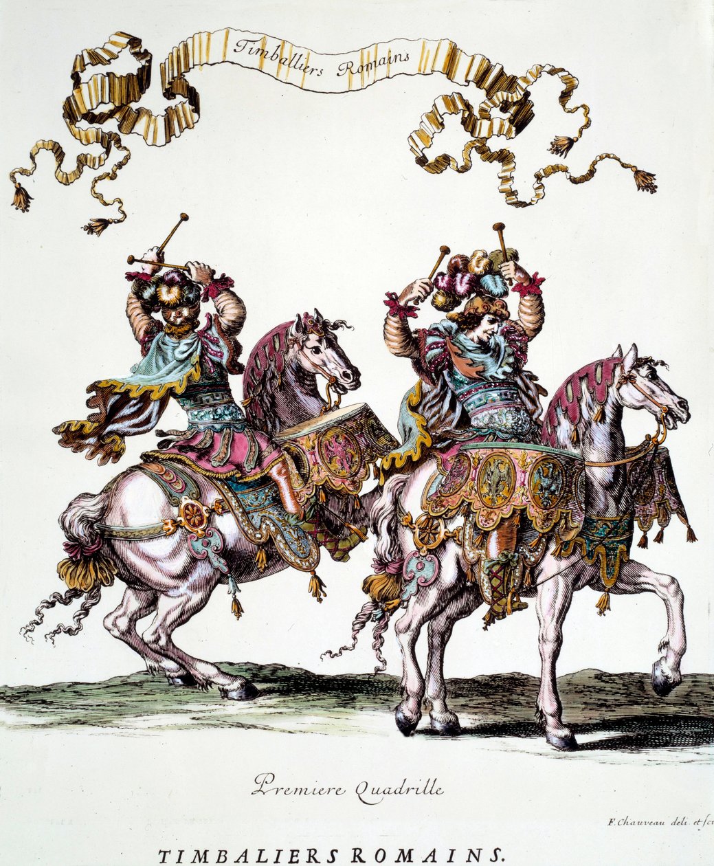 Roman timbaliers during the carousel given by King Louis XIV in 1662. Engraving by Francois Chauveau 17th century Private Collection by Francois Chauveau