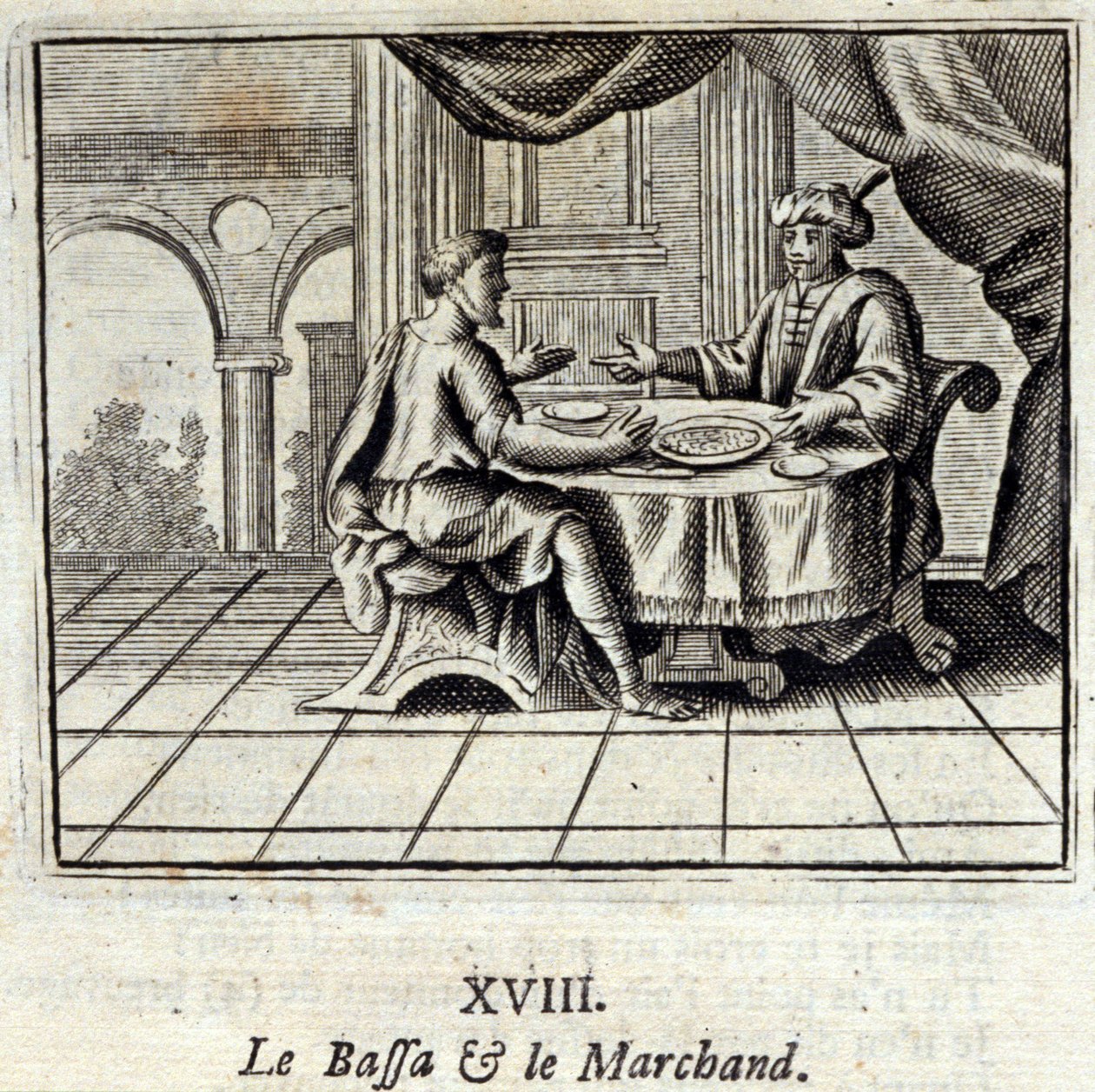 The Bassa and the Merchant. Fables by Jean de La Fontaine (1621-95). Illustration by François Chauveau (1613-1676). Edition of 1728 by Francois Chauveau
