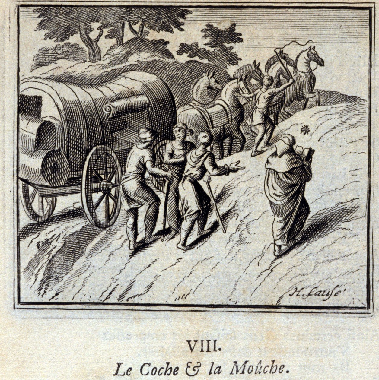 The Coach and the Fly. Fables by Jean de La Fontaine. Illustration by François Chauveau. Edition of 1728. by Francois Chauveau