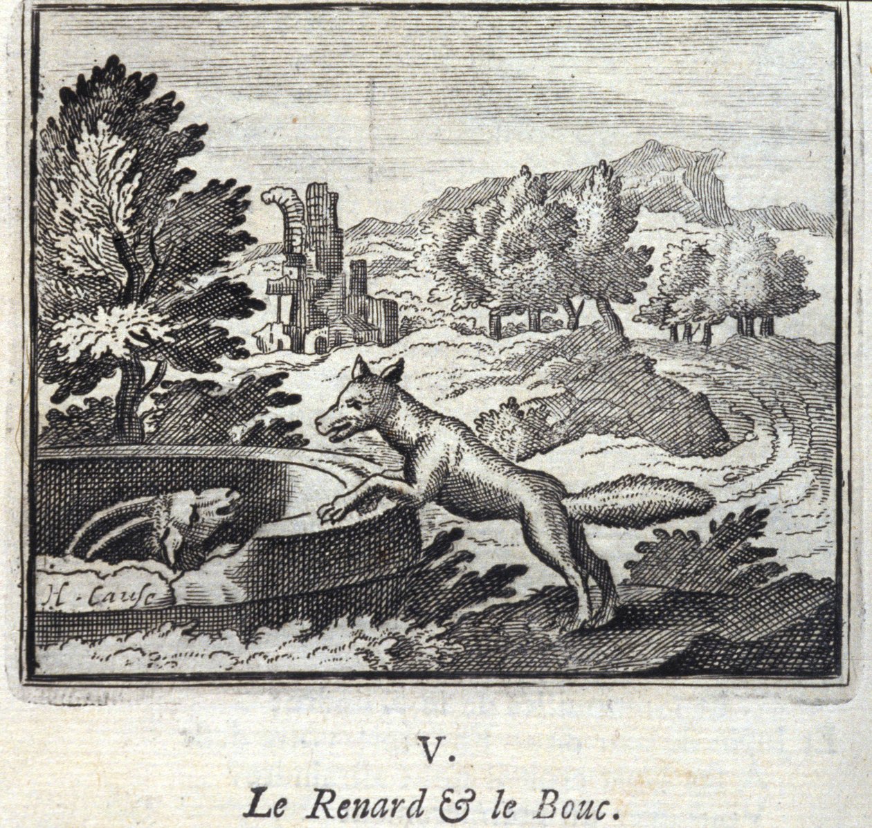The Fox and the Goat. Fables by Jean de La Fontaine. Illustration by François Chauveau. Edition of 1728 by Francois Chauveau